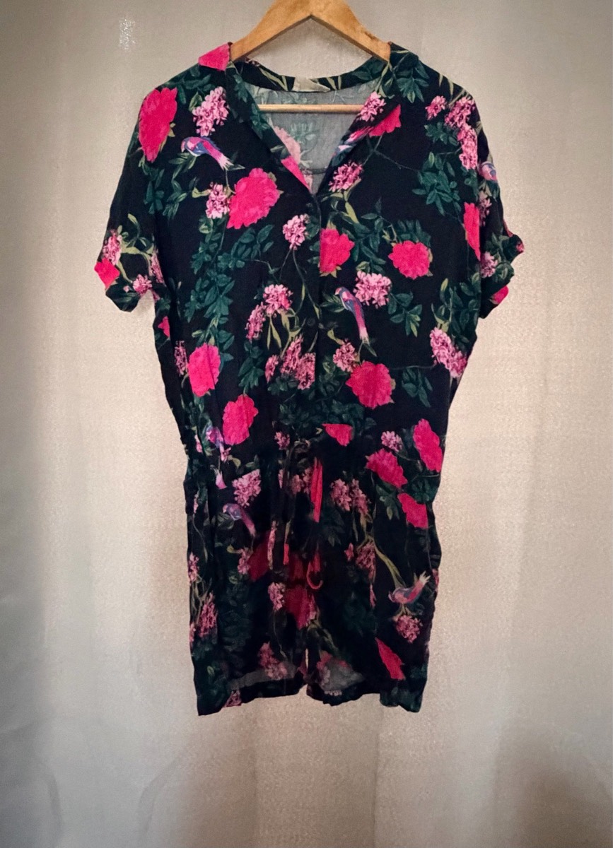 Hush Floral Bird Print Playsuit UK 12 Navy Blue Pink Short Sleeve Pocket Jumpsuit