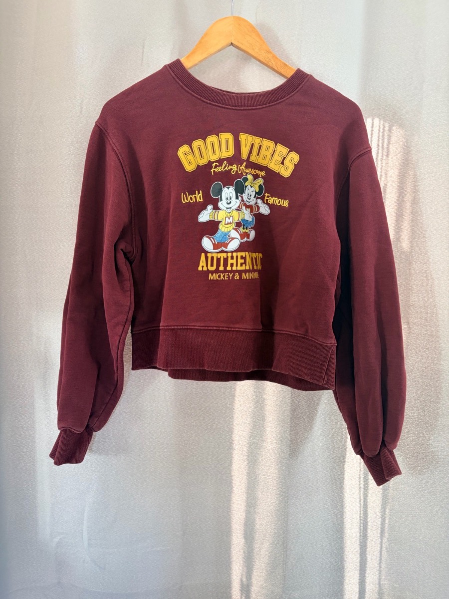 MOUSSY Disney Jumper Womens M 12 14 Burgundy Red Sweatshirt Cropped Graphic Top