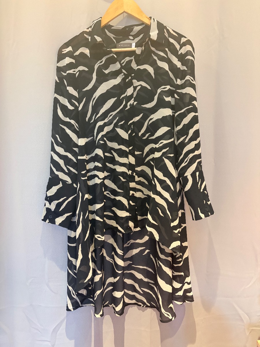 Mint Velvet Zebra Print Shirt Dress UK 10 Navy Blue Sheer Dip Hem Long Tunic Top