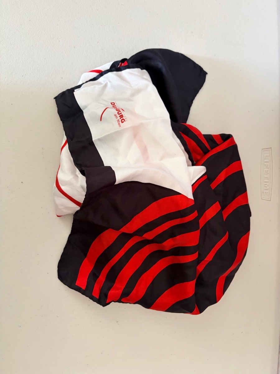 Vintage Van Megen Silk Scarf Duisburg am Rhein Abstract Geometric Red Black White 18x60"