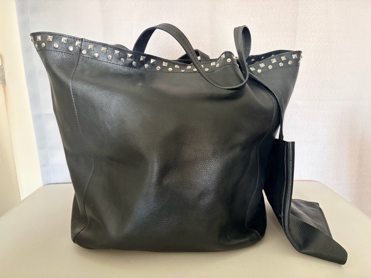 ZARA WOMAN Real Leather Tote Bag Large Studded Shoulder Shopper Black 35cm x 30cm