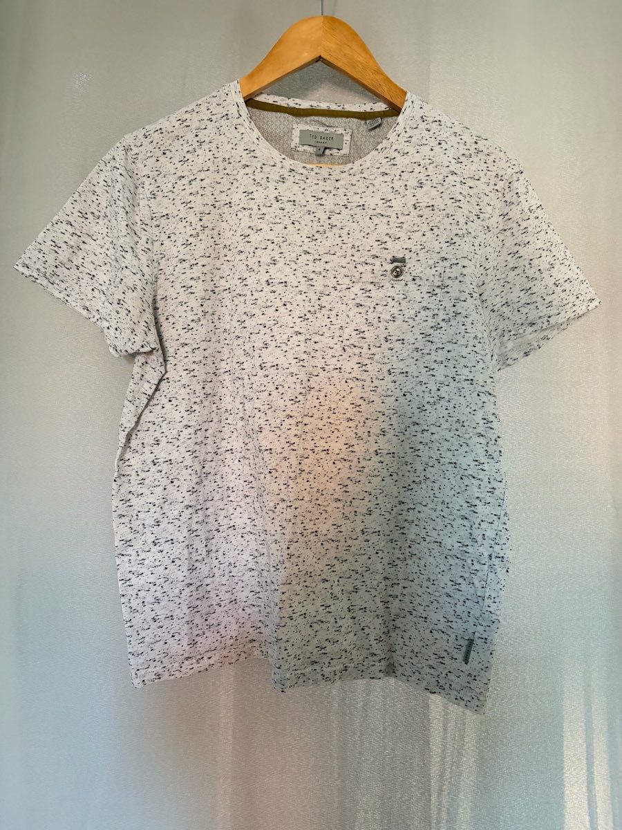 TED BAKER Mens T-Shirt Size 4 L White Black Speckled Fleck Pocket Cotton Tee Top