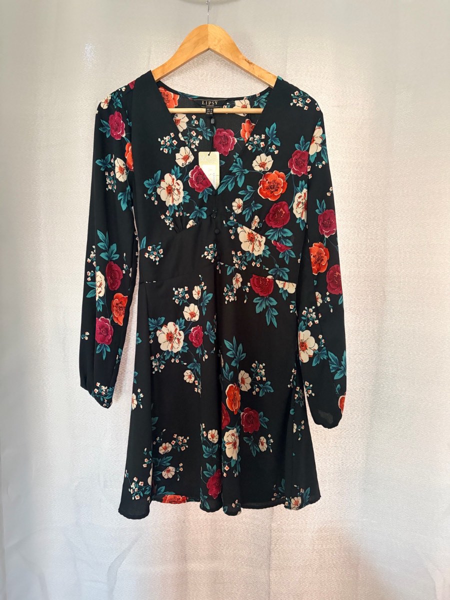 Lipsy London Floral Tea Mini Dress Size UK 10 Black Multi V-Neck Long Sleeve BNWT