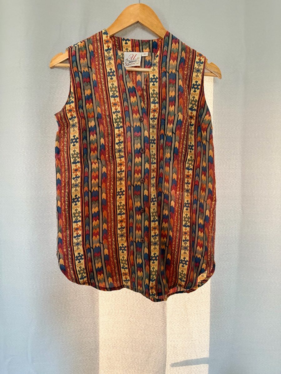 Vintage Universal BhS Pure Silk Aztec Geometric Sleeveless Blouse Top 10