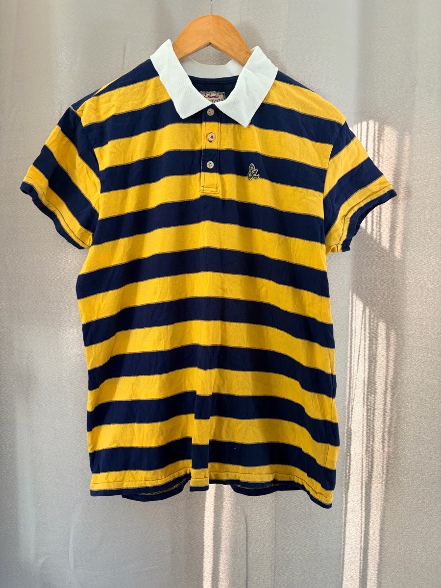 Scotch & Soda Mens Polo Shirt XL Navy Yellow Striped Graphic Rugby Short Sleeve