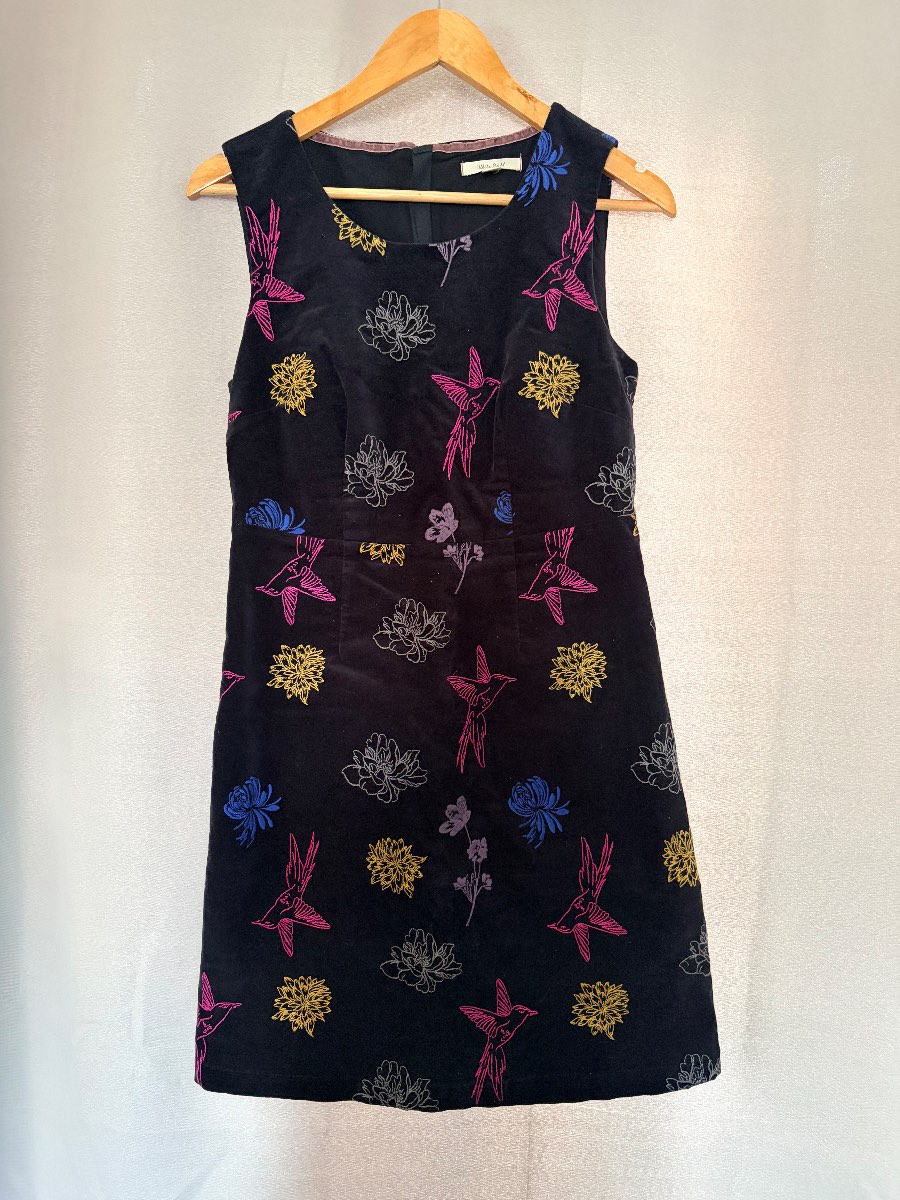 White Stuff Dress UK 8 Black Embroidered Velvet Floral Bird Sleeveless Shift Mini