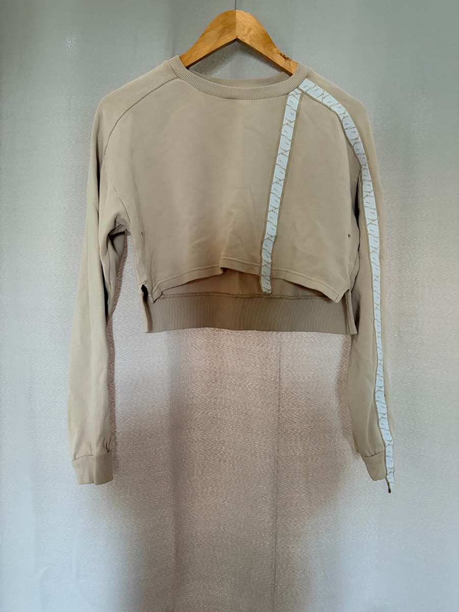 GYMSHARK Cropped Sweatshirt Jumper XS Beige Tan Tape Detail Gym Activewear Top
