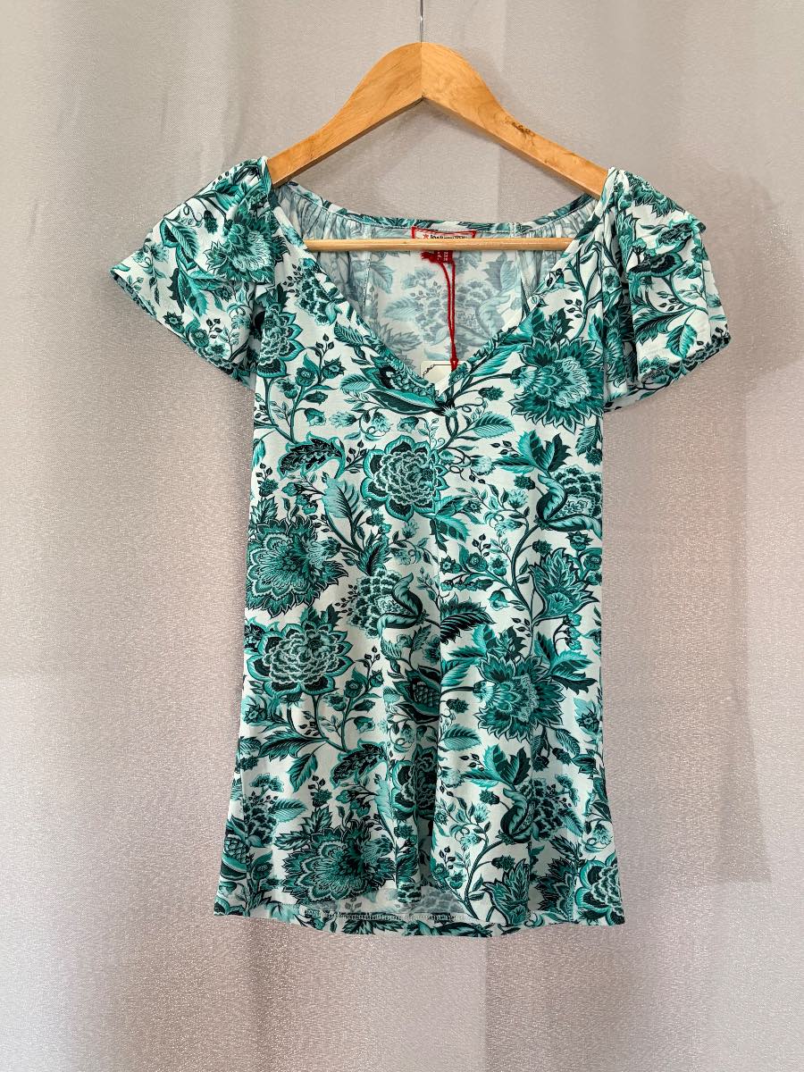 Joe Browns Teal Green Floral Paisley Print V-Neck Short Sleeve Top Blouse Size 8