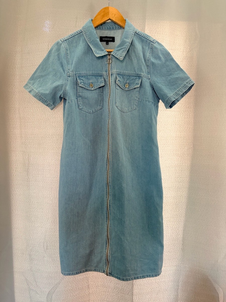 Sosandar Light Blue Denim Zip Front Short Sleeve Shirt Dress UK 12 Casual Cotton