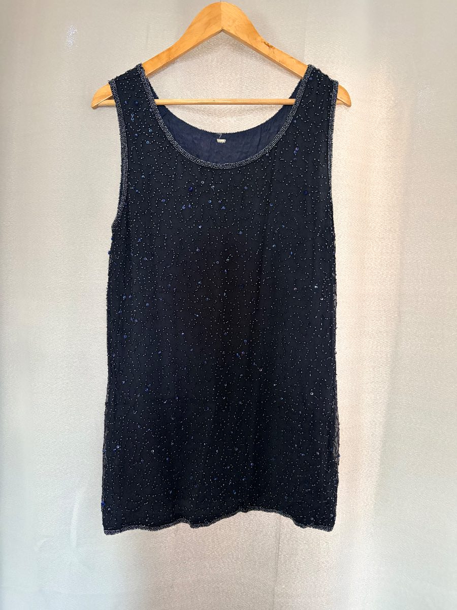 Vintage Silk Beaded Top Navy Blue Sequined Party Camisole Evening Cami Size 10 12