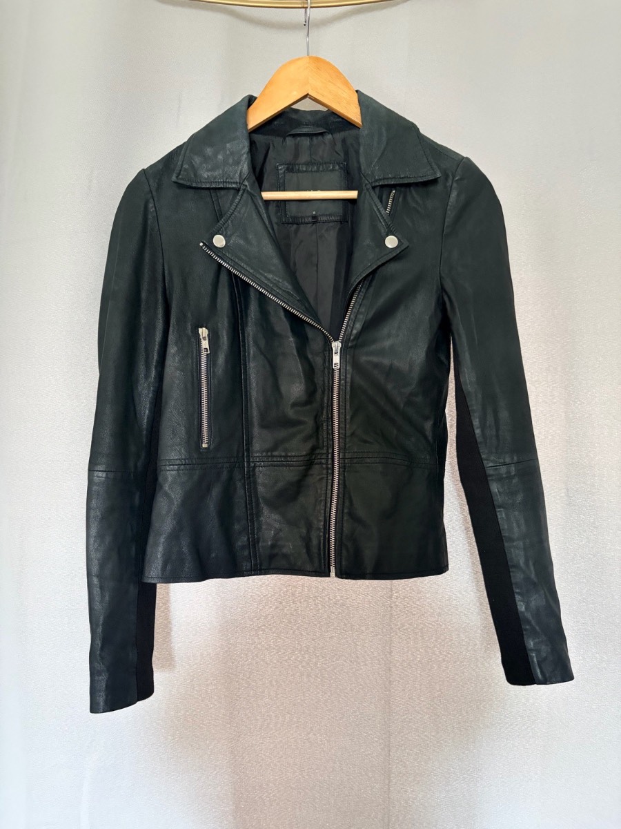Y.A.S Real Leather Biker Jacket Womens Size XS UK 6 EU 34 Black Zip Coat Top