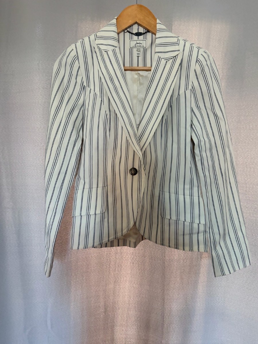 Joules Blazer Jacket UK 8 EUR XS Cream Navy Stripe Cotton Crested Button Nautical⁠