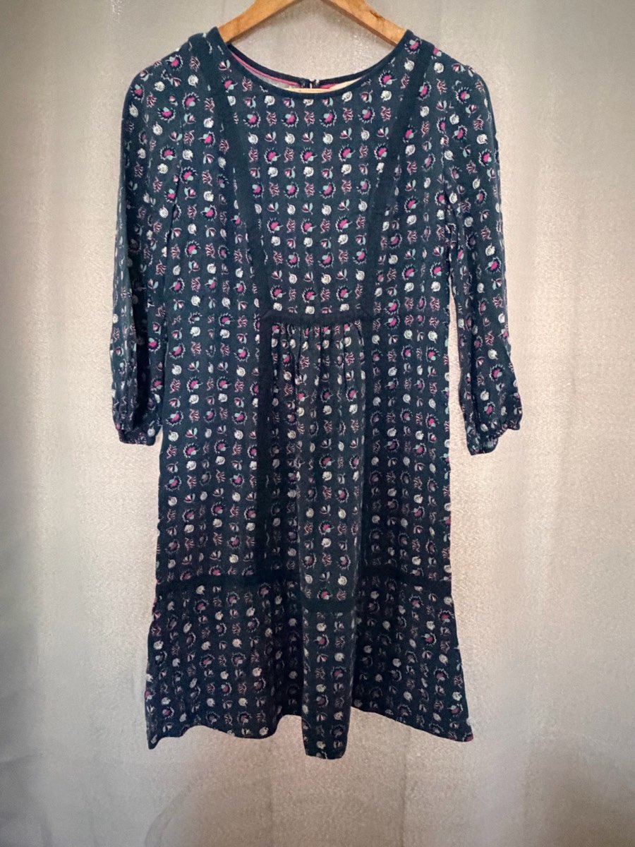 ⁠Boden Womens Floral Mini Shift Dress Size UK 10 R Teal Blue Pink 3/4 Sleeve 100% Viscose⁠