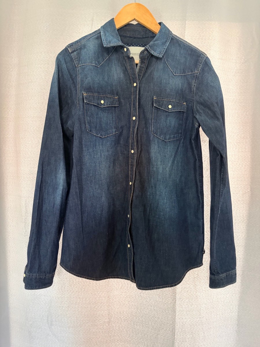 MAISON SCOTCH Denim Shirt Size 3 UK 12 Dark Blue Indigo Western Snap Button Top