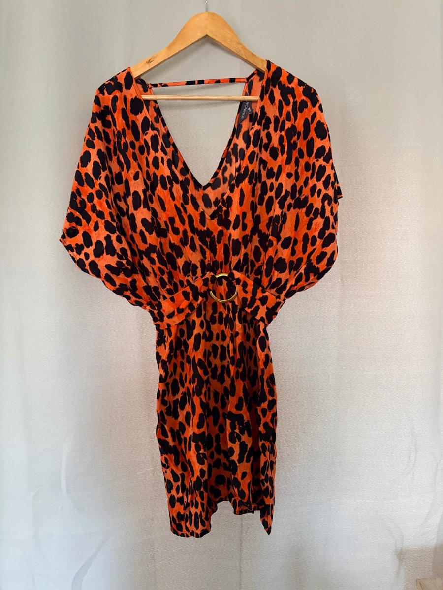 Sosandar Orange Leopard Print Dress Size 10 O-Ring Waist Animal Print Mini Dress