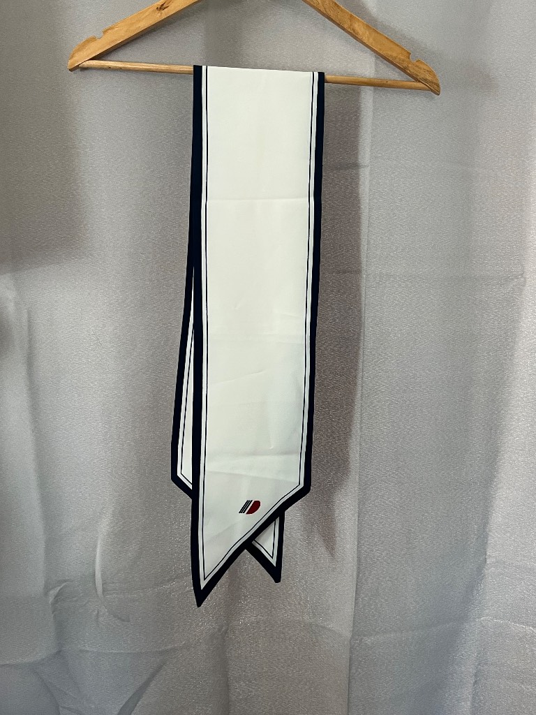 Vintage Macclesfield Product White Long Scarf Navy Border & Geometric Logo