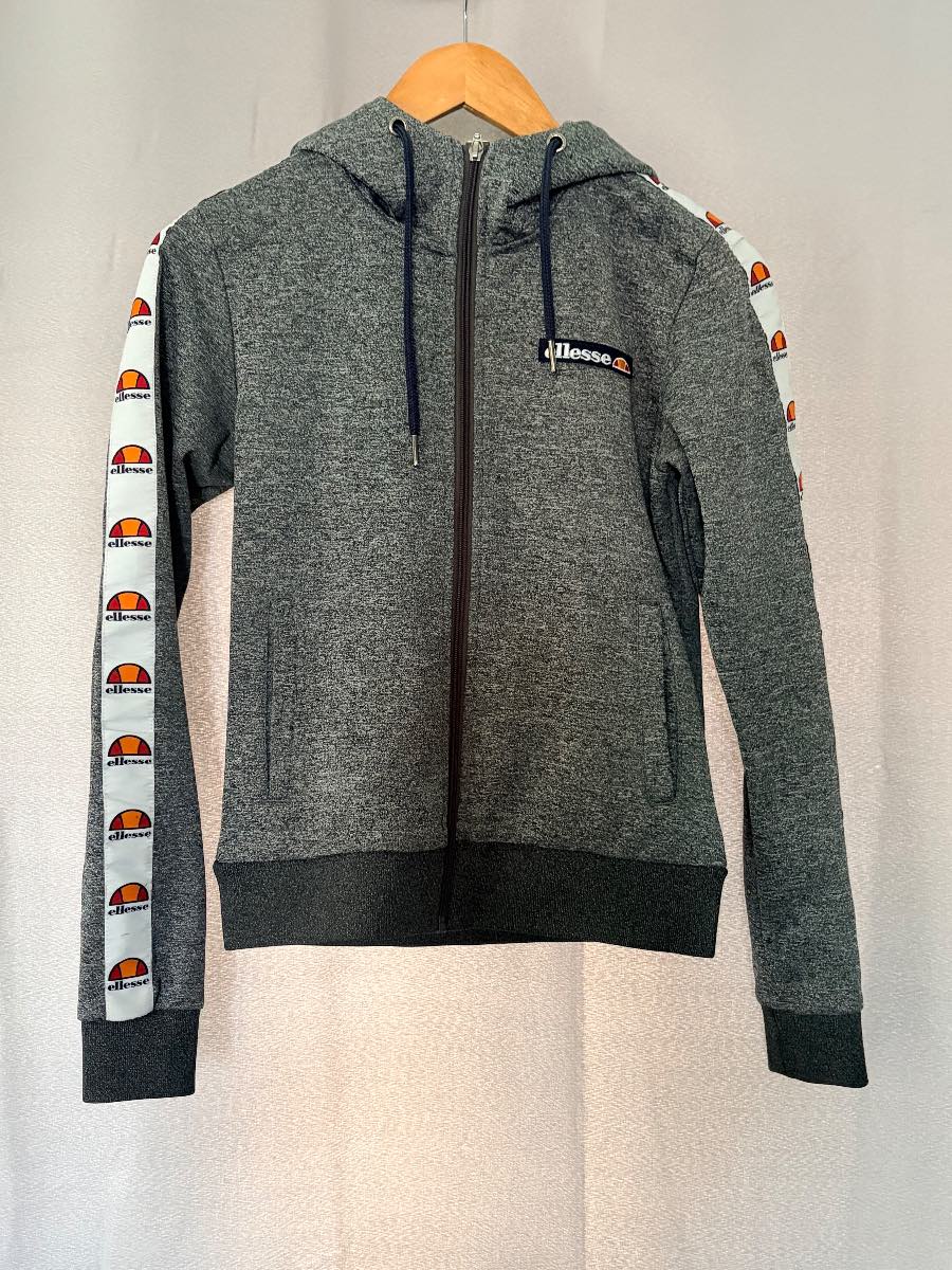Ellesse Grey Marl Zip-Up Hoodie Vintage Tape Sleeve UK 8
