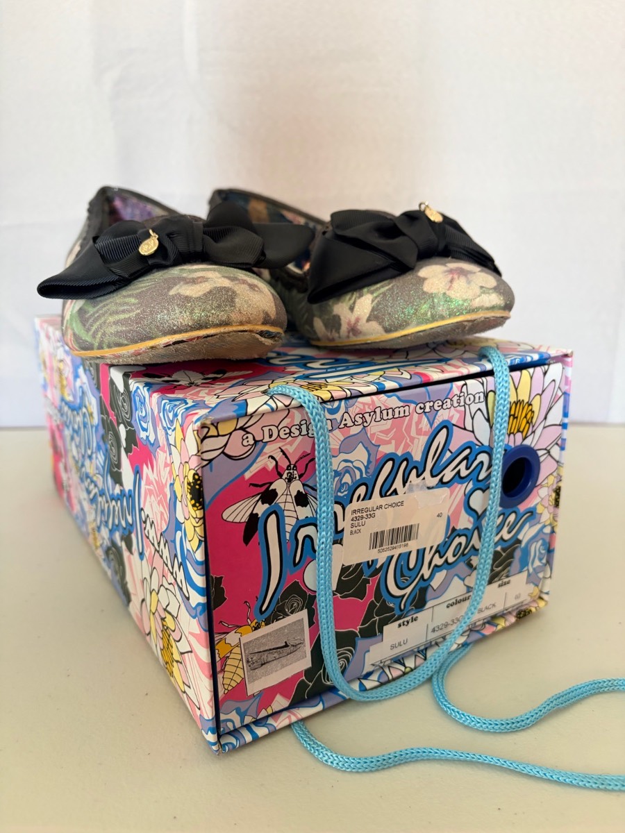 Irregular Choice Sulu Shoes Size EU 40 UK 6.5 Black Floral Glitter Flat Bow Boxed