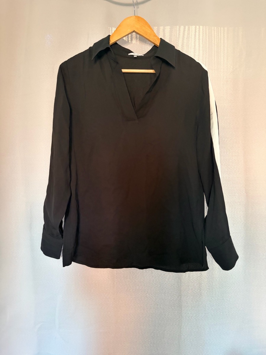 REISS Emelia Womens V-Neck Blouse Top UK 6 EU 34 Black White Stripe Work Smart