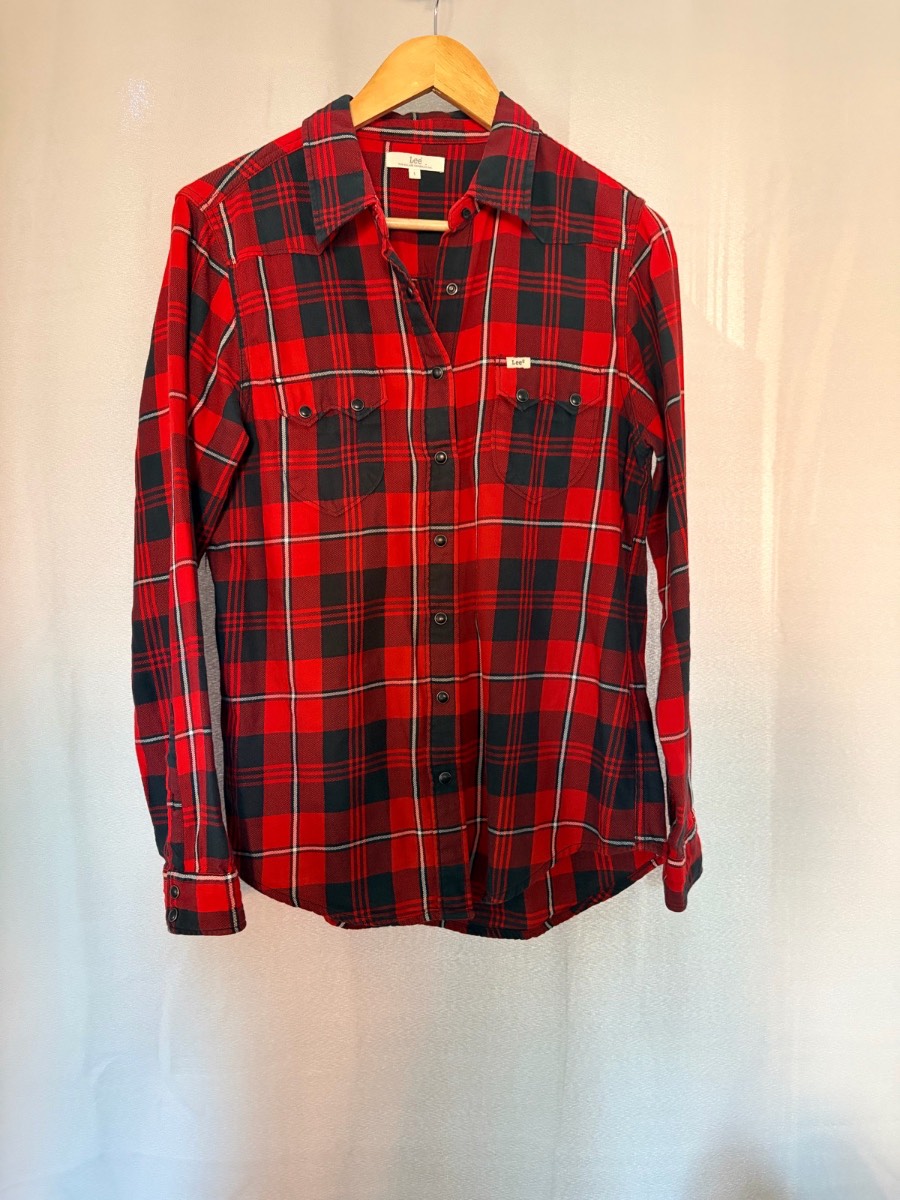 LEE Womens Flannel Western Shirt Size L Red Black Tartan Check Snap Button Top