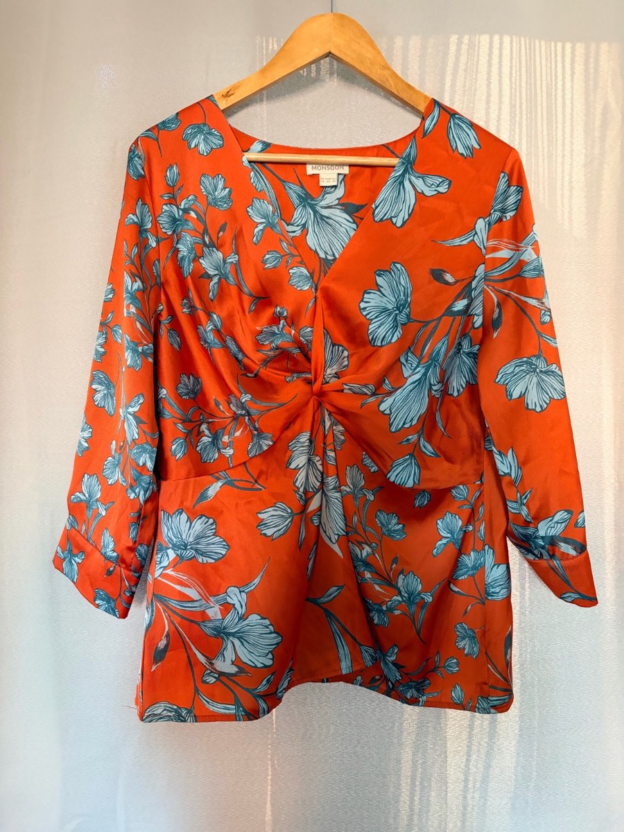 MONSOON Floral Twist Front Blouse Top Size UK 14 Terracotta Rust Orange Blue Satin
