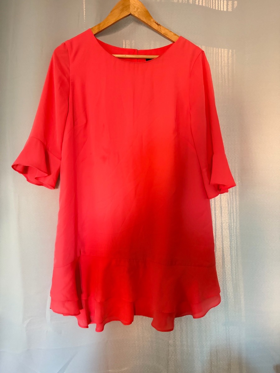 FRENCH CONNECTION Dress Womens 12 Coral Pink Chiffon Flounce Hem Ruffle Shift
