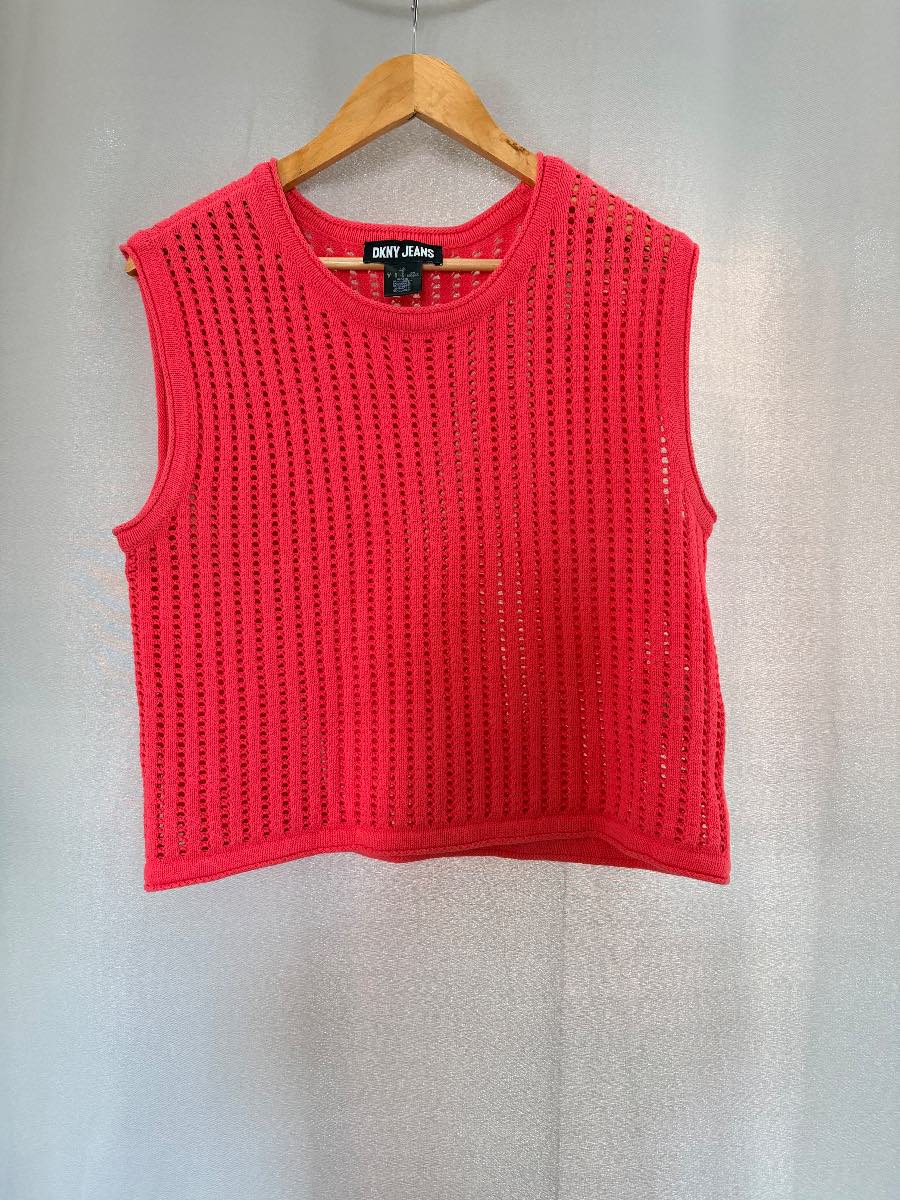 DKNY Jeans Top Womens Small Pink Crochet Open Knit Sleeveless Tank Vest Cotton