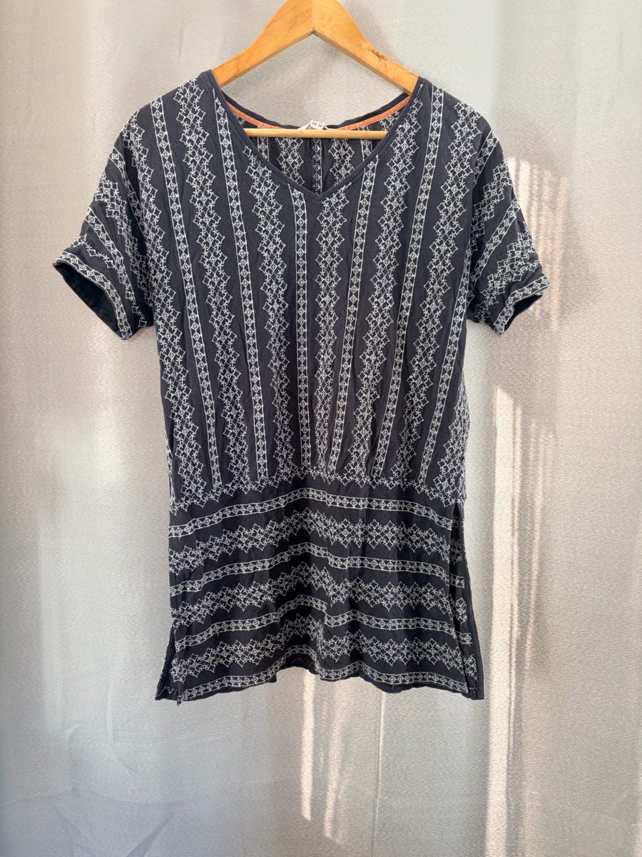 WHITE STUFF Top Tunic Dress UK 10 Grey White Embroidered Cotton Boho Short Sleeve