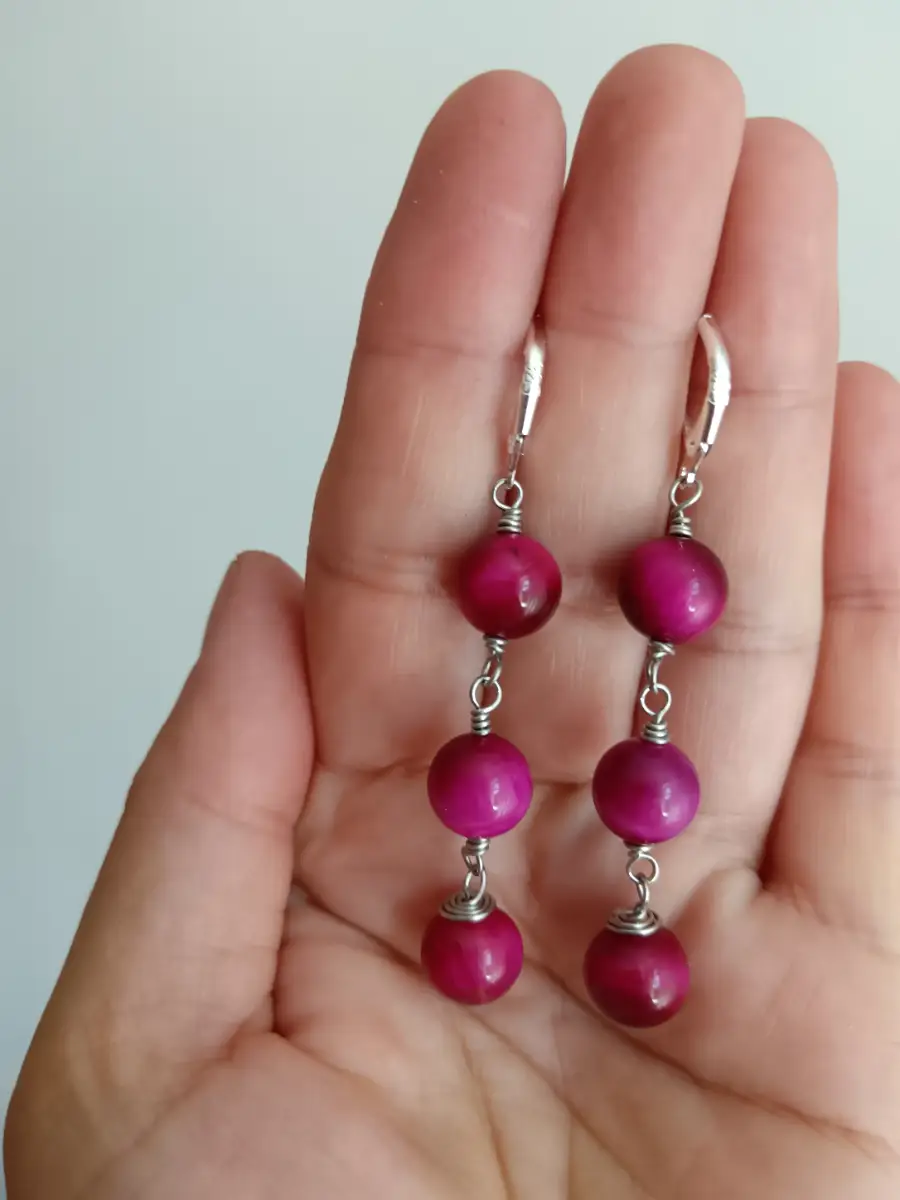 Pink tiger's eye long earrings