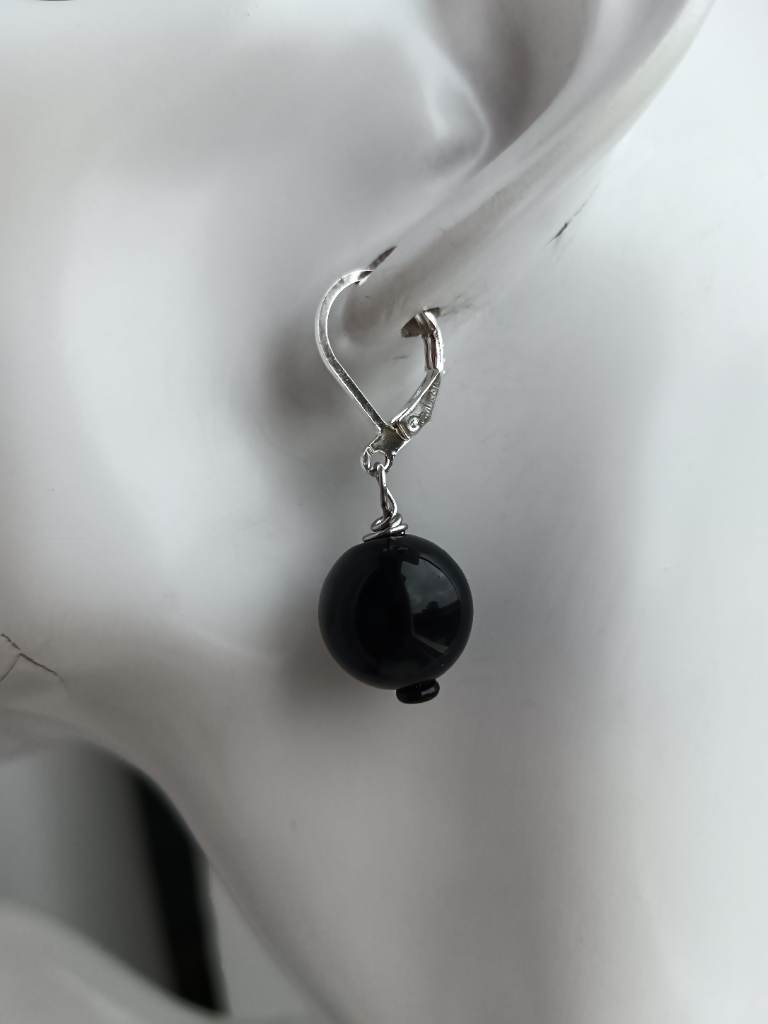Silver and black agate earrings
