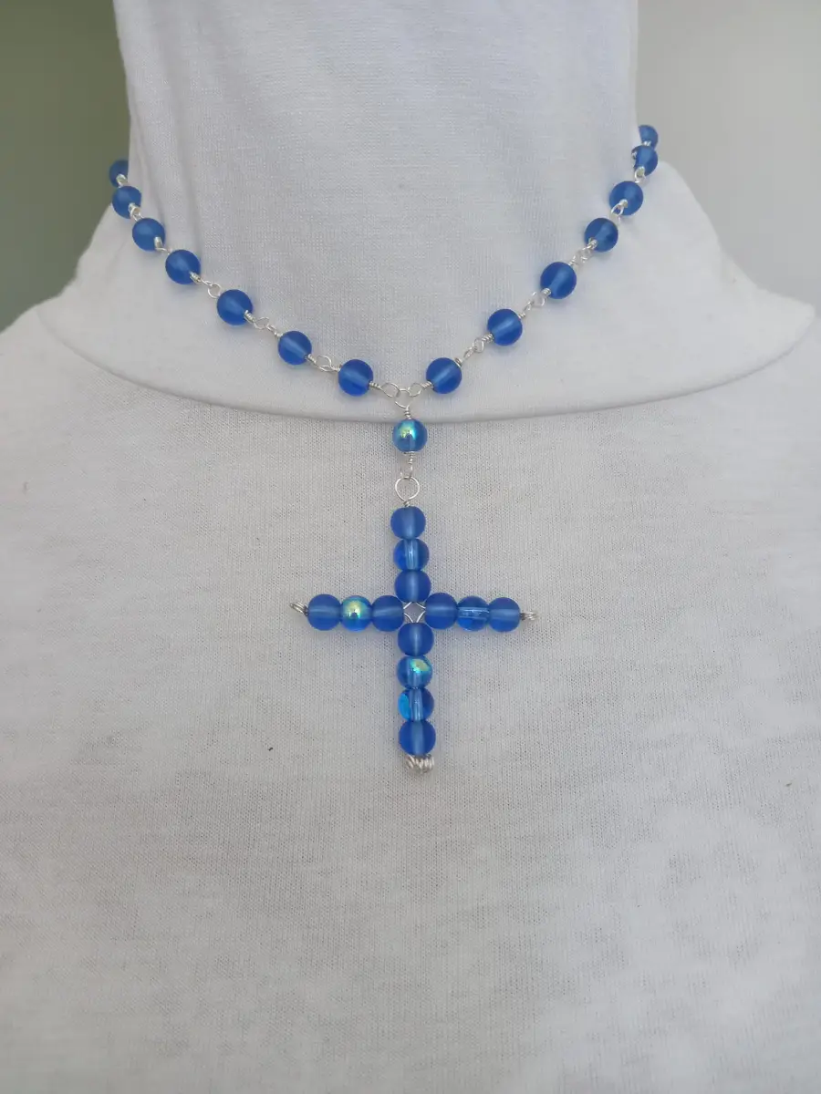 Blue rosary necklace