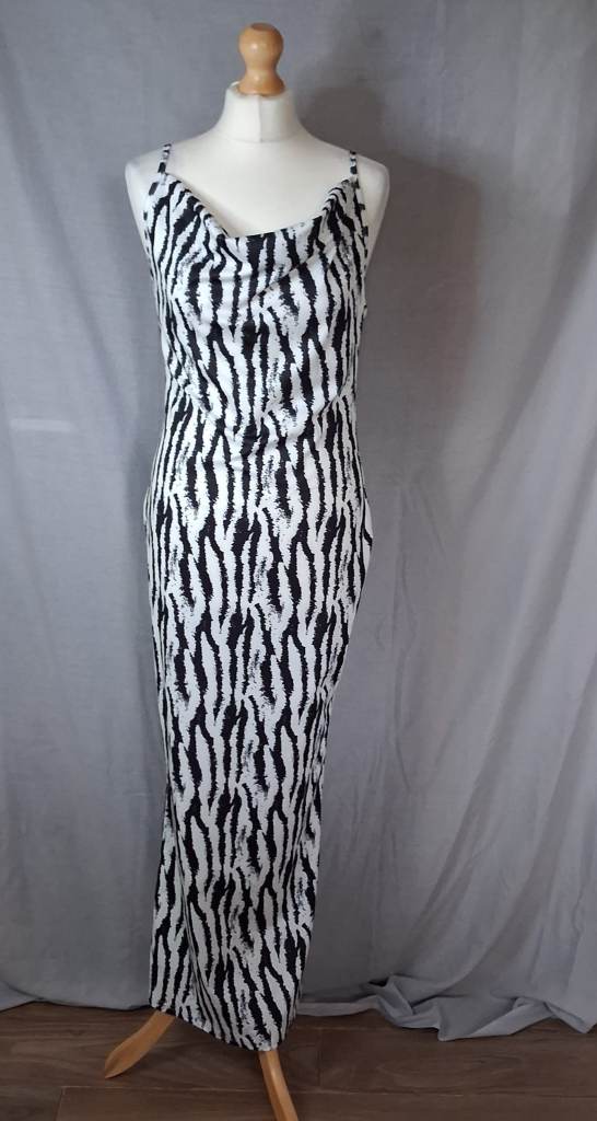 Zebra Print Cowl Neck Maxi Dress With Split - Size L