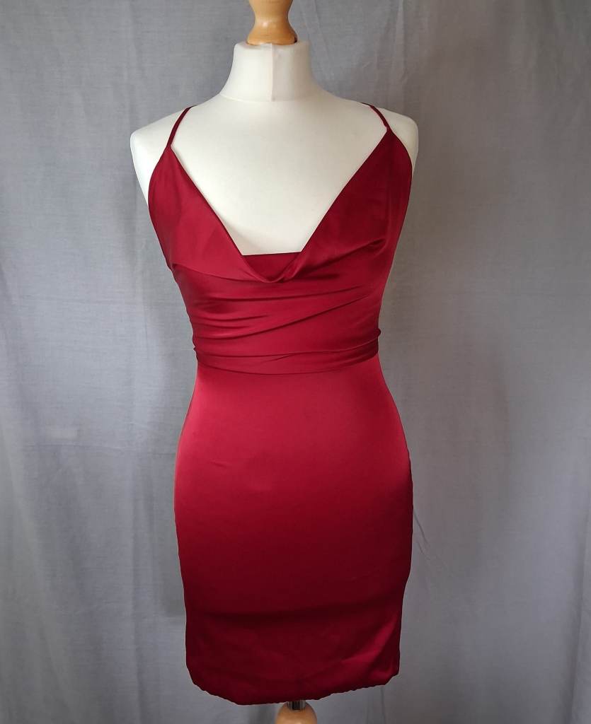 ​Oh Polly Red Satin Cowl Neck Backless Mini Dress (UK 8)