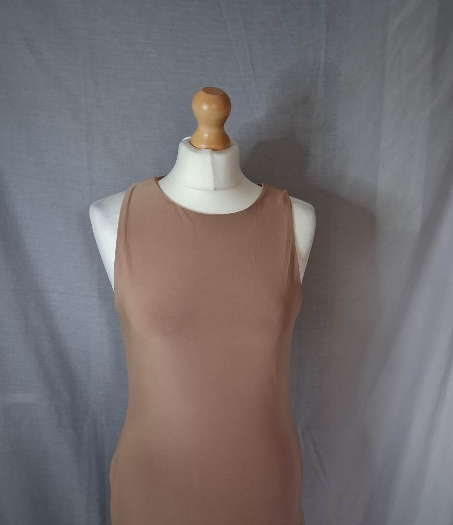 PrettyLittleThing Shape Camel Slinky Sleeveless Split Maxi Dress (BNWT) Size 14