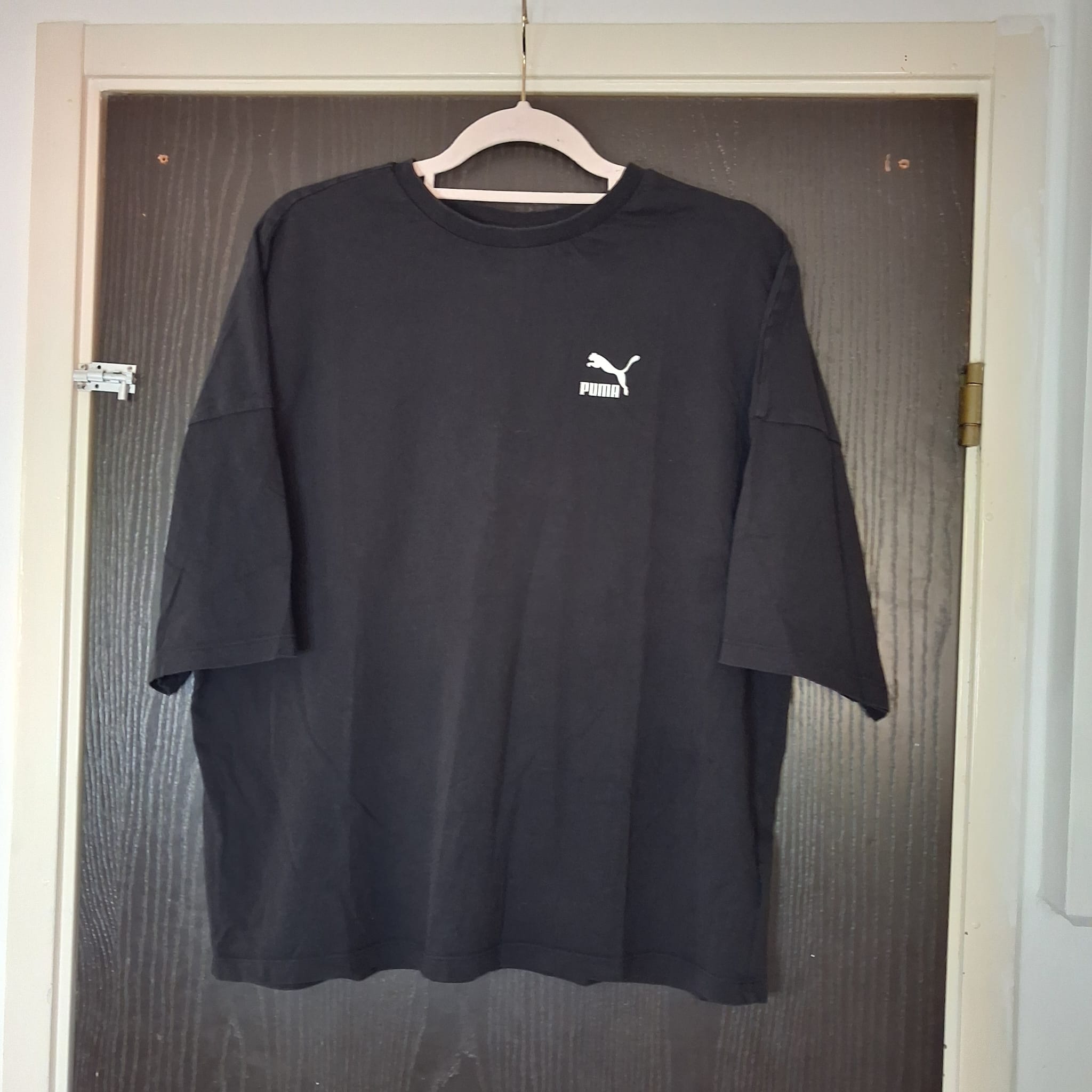 PUMA Oversized Crewneck Tee | Classic Black with Embroidered Logo | Size Men's L (Fits Women's 16-18