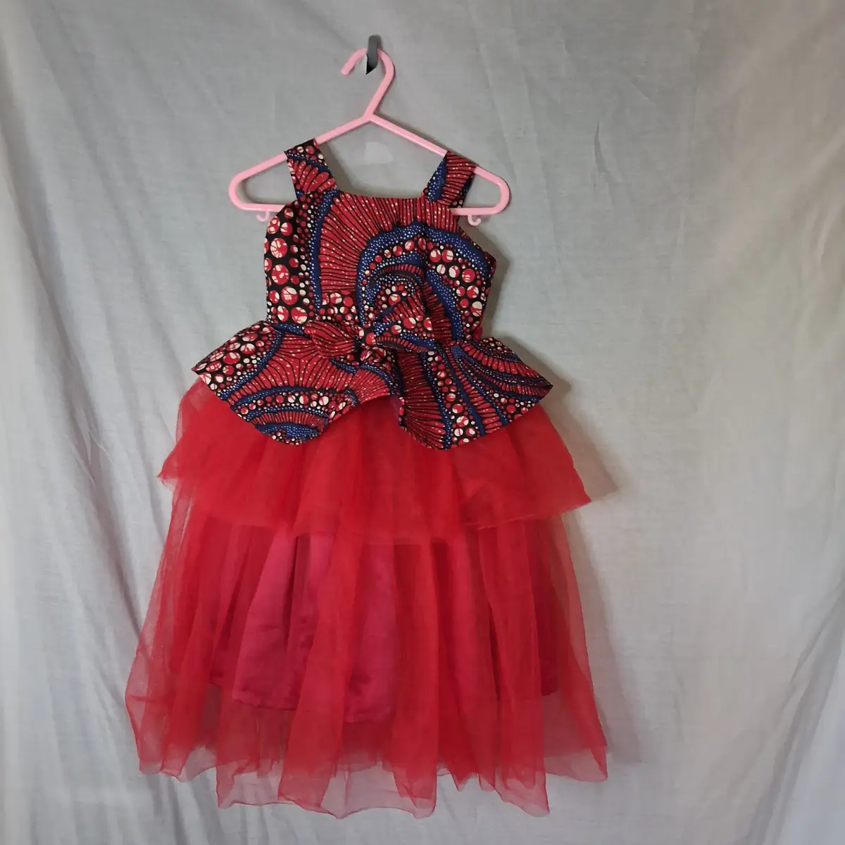 ​Handmade Girls Red Ankara African Wax Print Tulle Occasion Dress (Fits Age 4-5)
