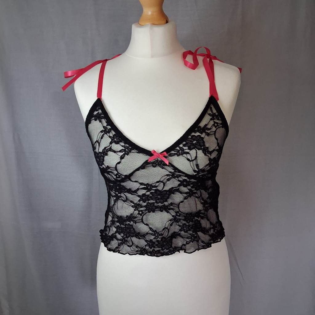 Urban Outfitters Archive Black Lace Cami Top Hot Pink Bows XS
