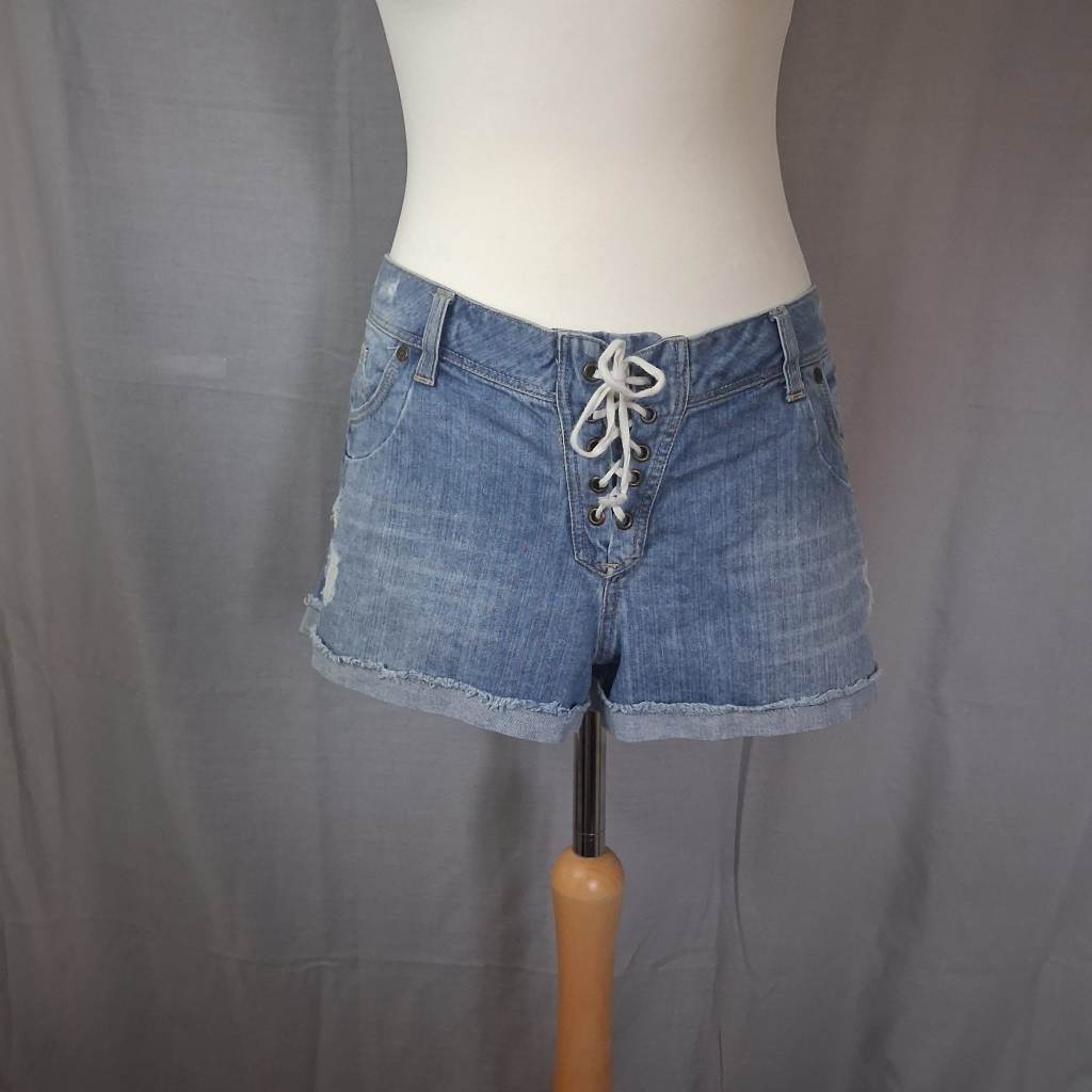 Vintage YesYes Jeans Y2K Lace Up Denim Shorts Mid Blue - UK 16