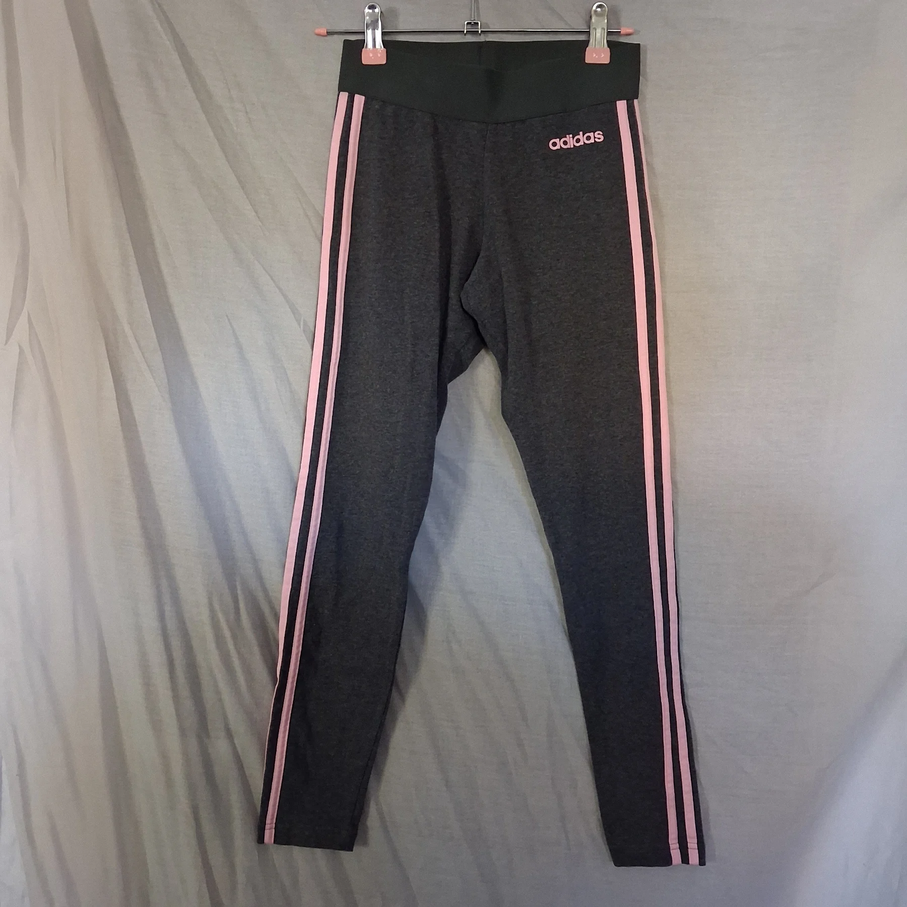 adidas Women’s Charcoal Grey & Pink 3-Stripe Leggings Size XS (UK 4-6)