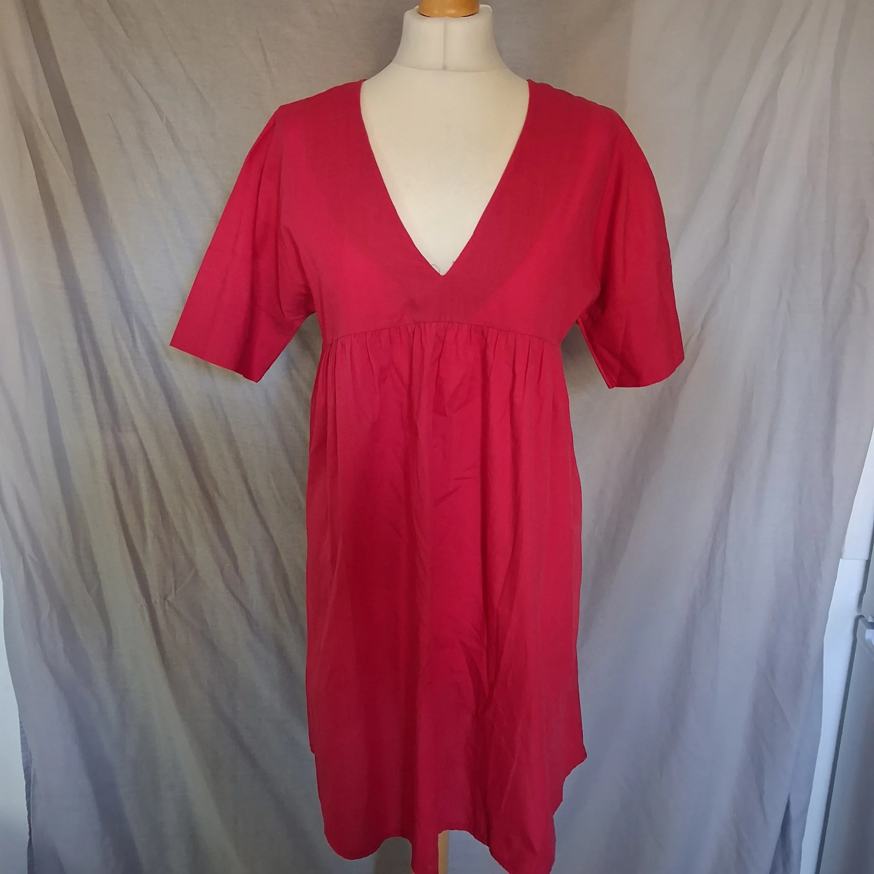PrettyLittleThing Red V-Neck Smock Dress UK 12