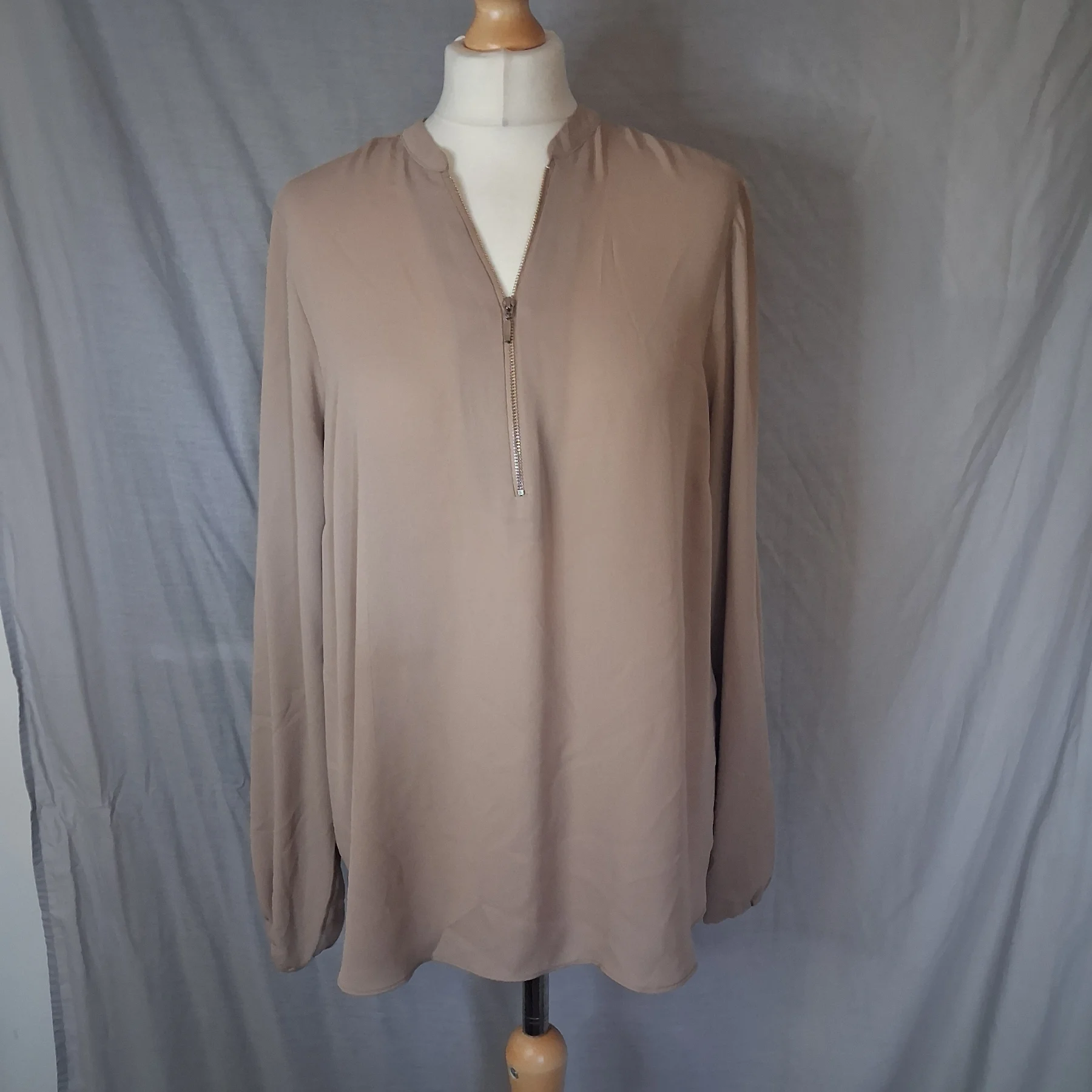 Et Vous Beige Half Zip Long Sleeve Blouse Top - Size 16