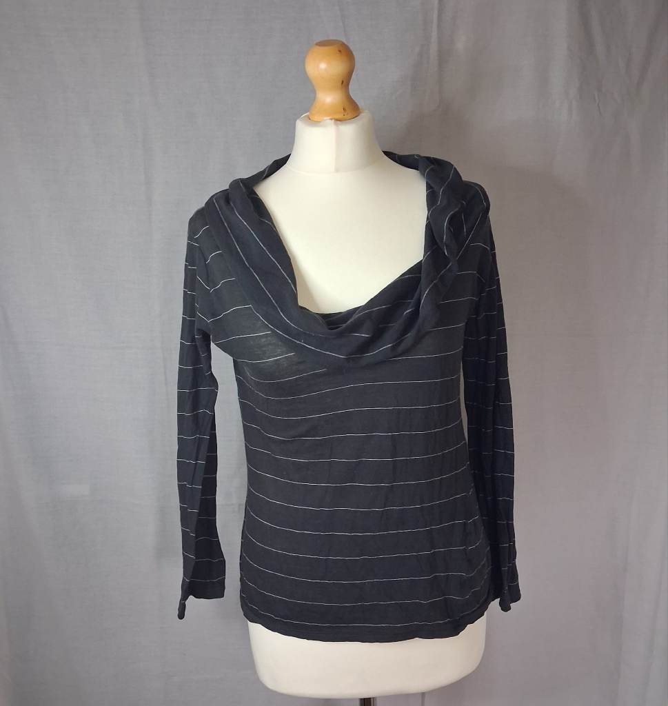 Vintage River Island Black Pinstripe Cowl Neck Hoodie Top - Size UK 8