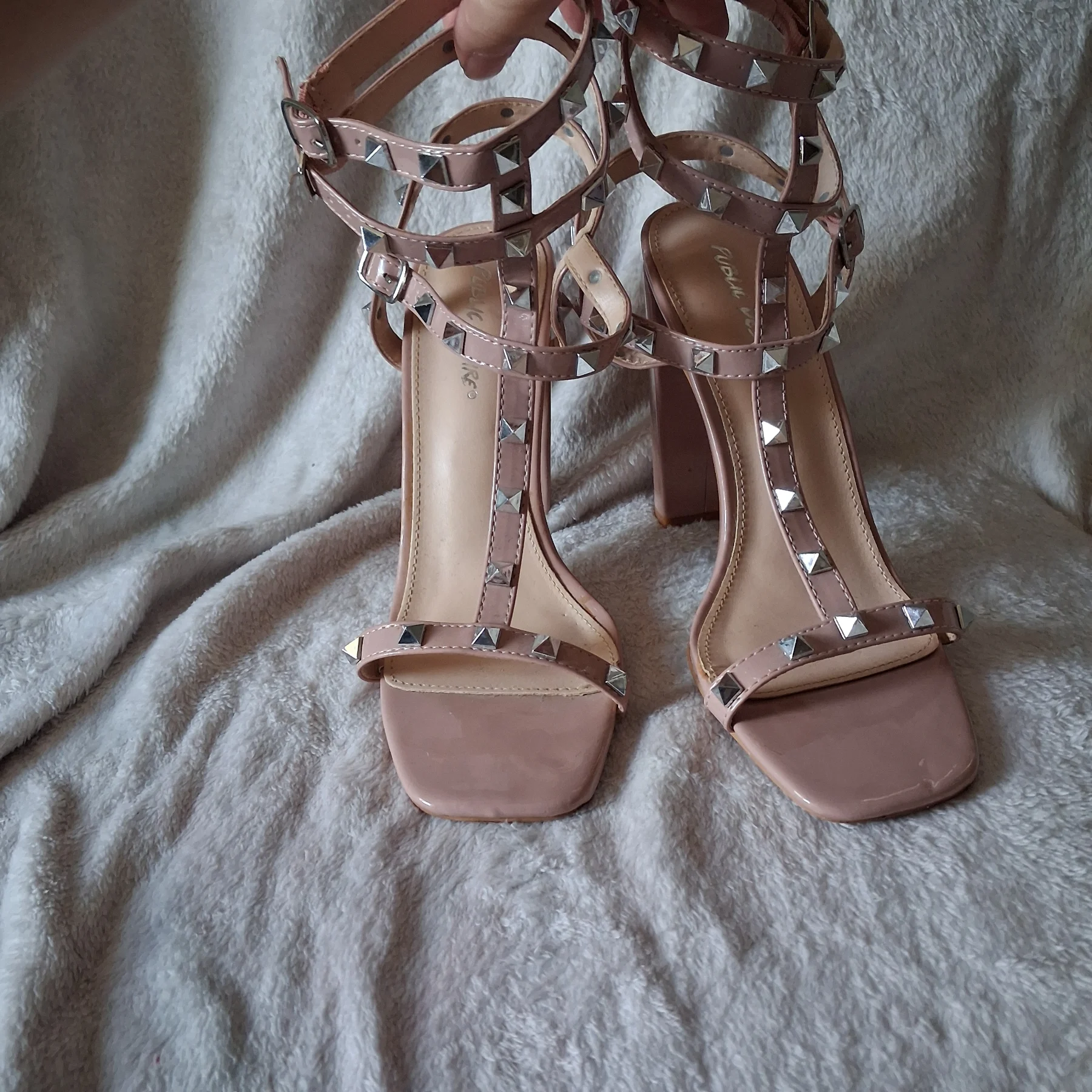 Public Desire Studded Strappy Block Heels Blush Nude UK 7
