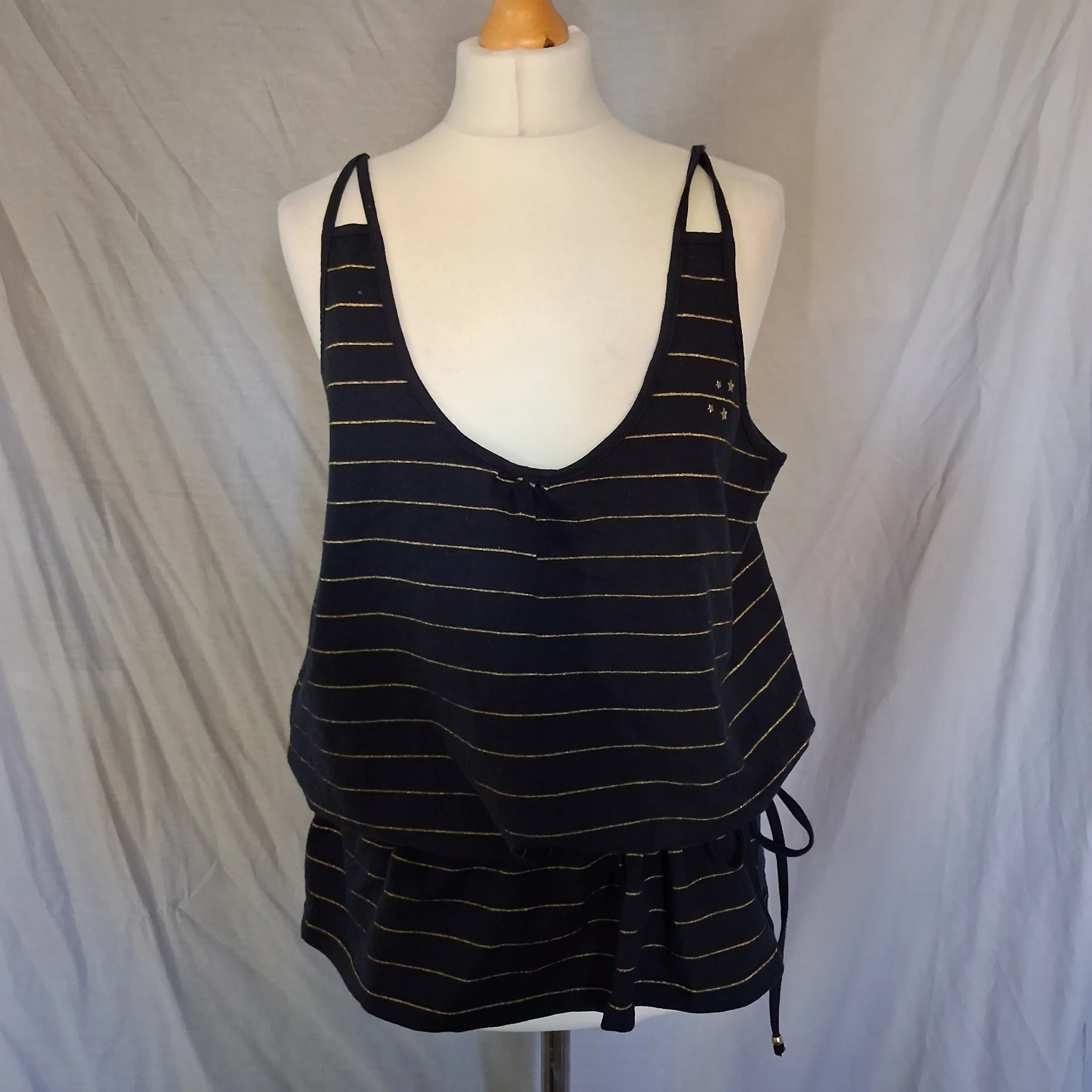 Women's Black & Gold Metallic Striped Cami Top | Drop Waist & Embroidered Stars | UK 18-20