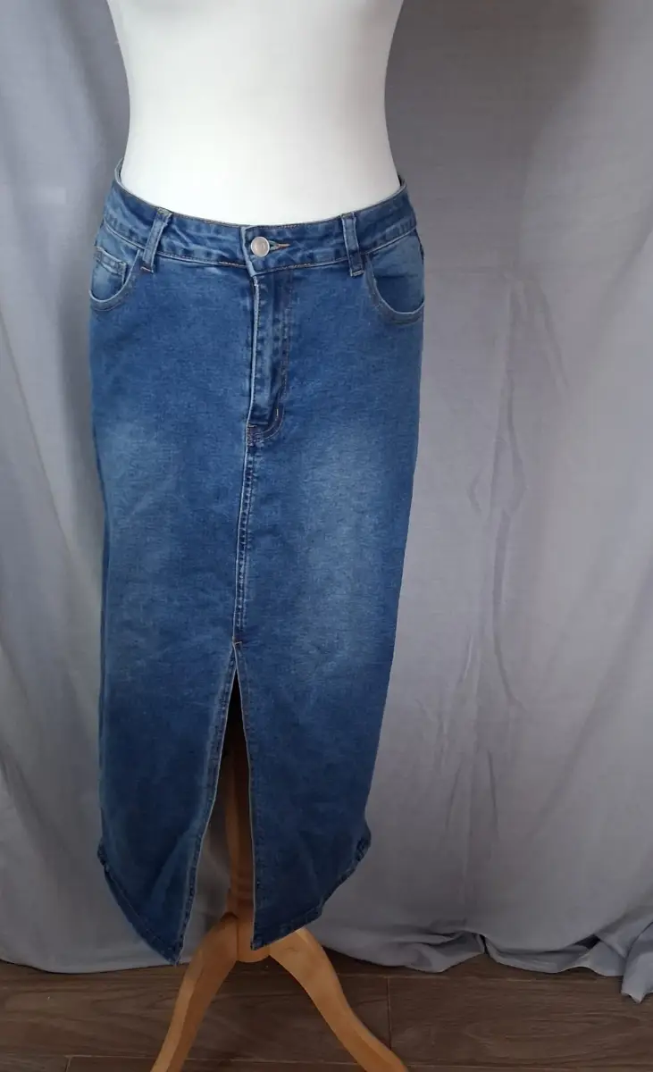 In The Style Blue Denim Midi Skirt Front Split - UK 12