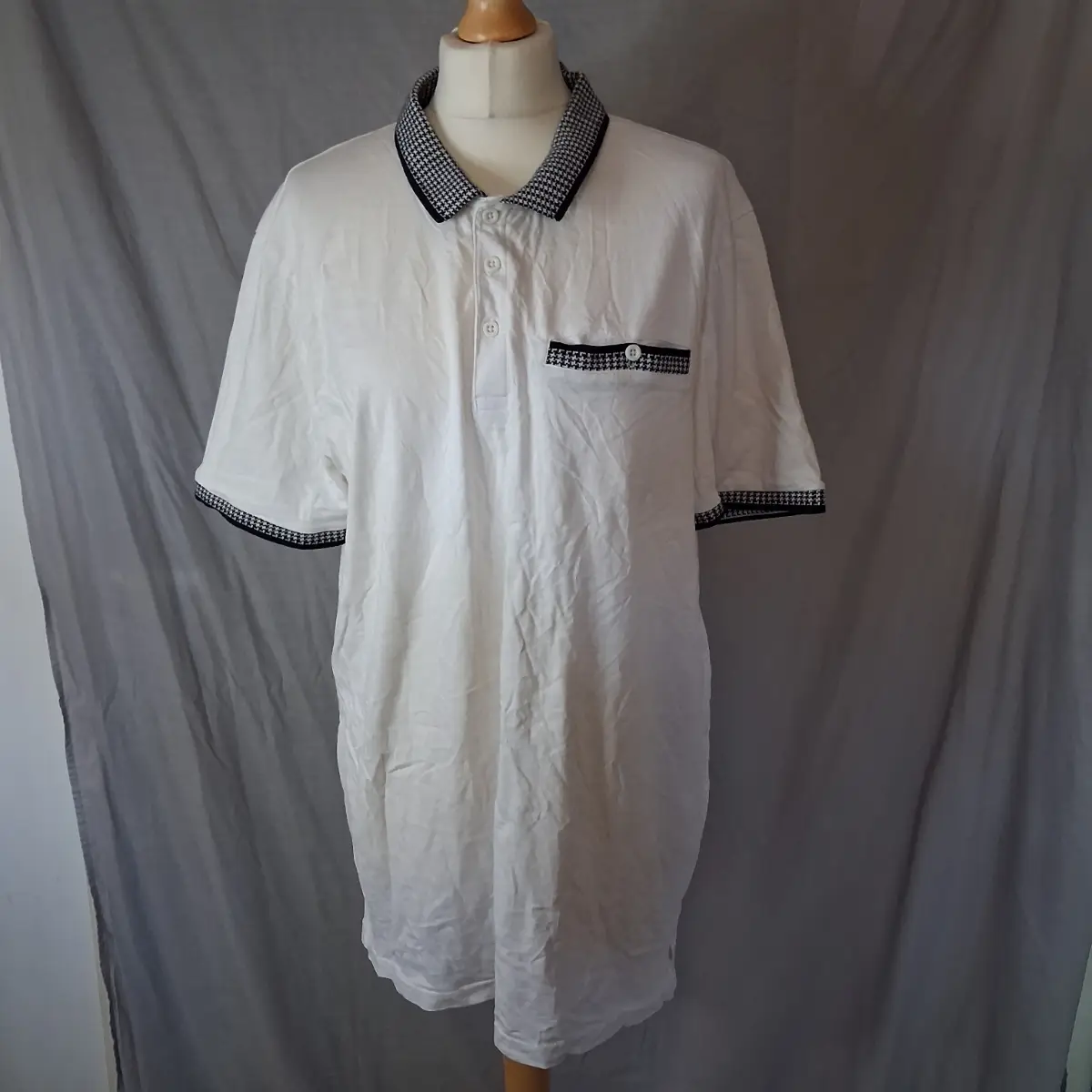Pep & Co Mens White Short Sleeve Polo Shirt Houndstooth Trim Size XL