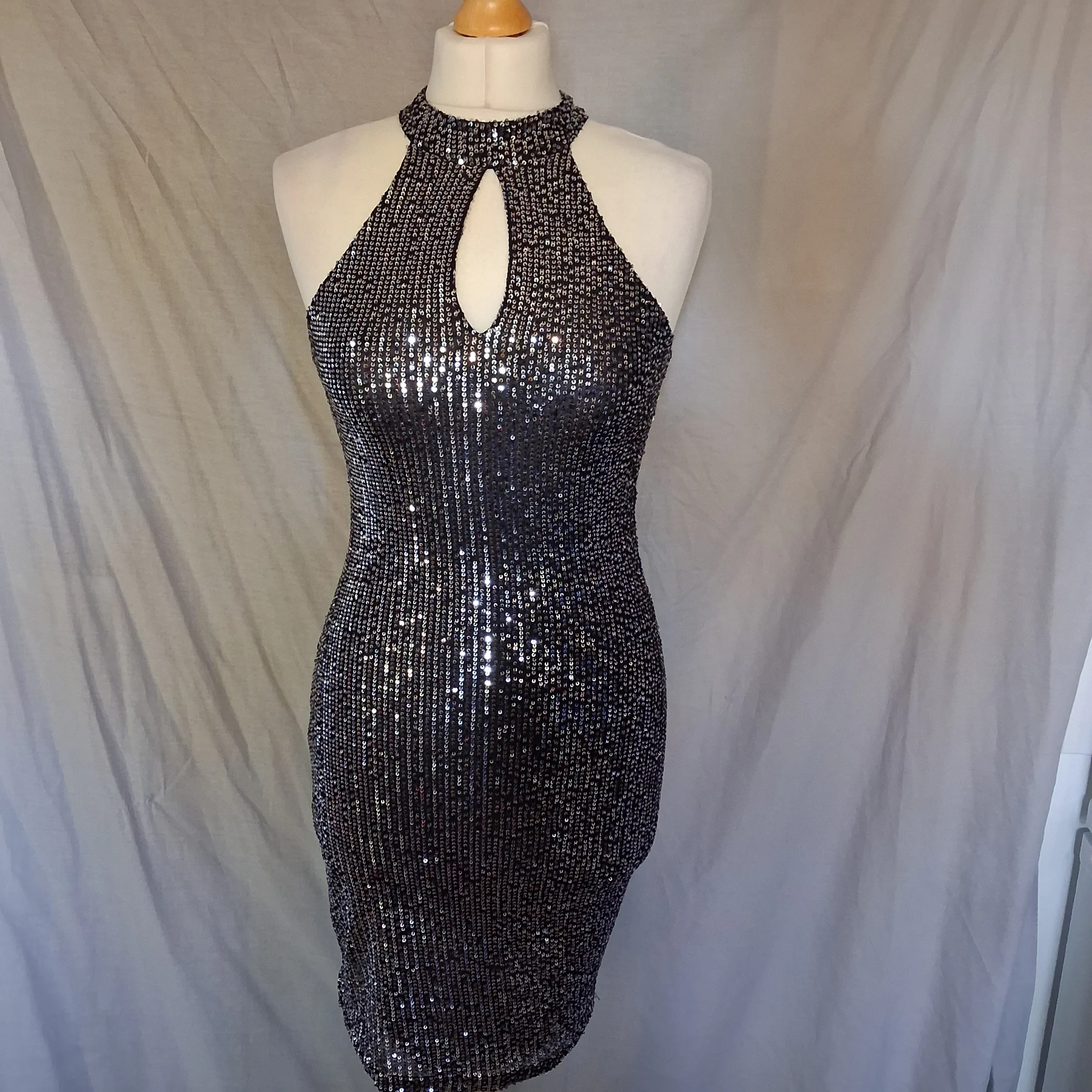 By Swan Paris Black Sequin Keyhole Halter Mini Dress