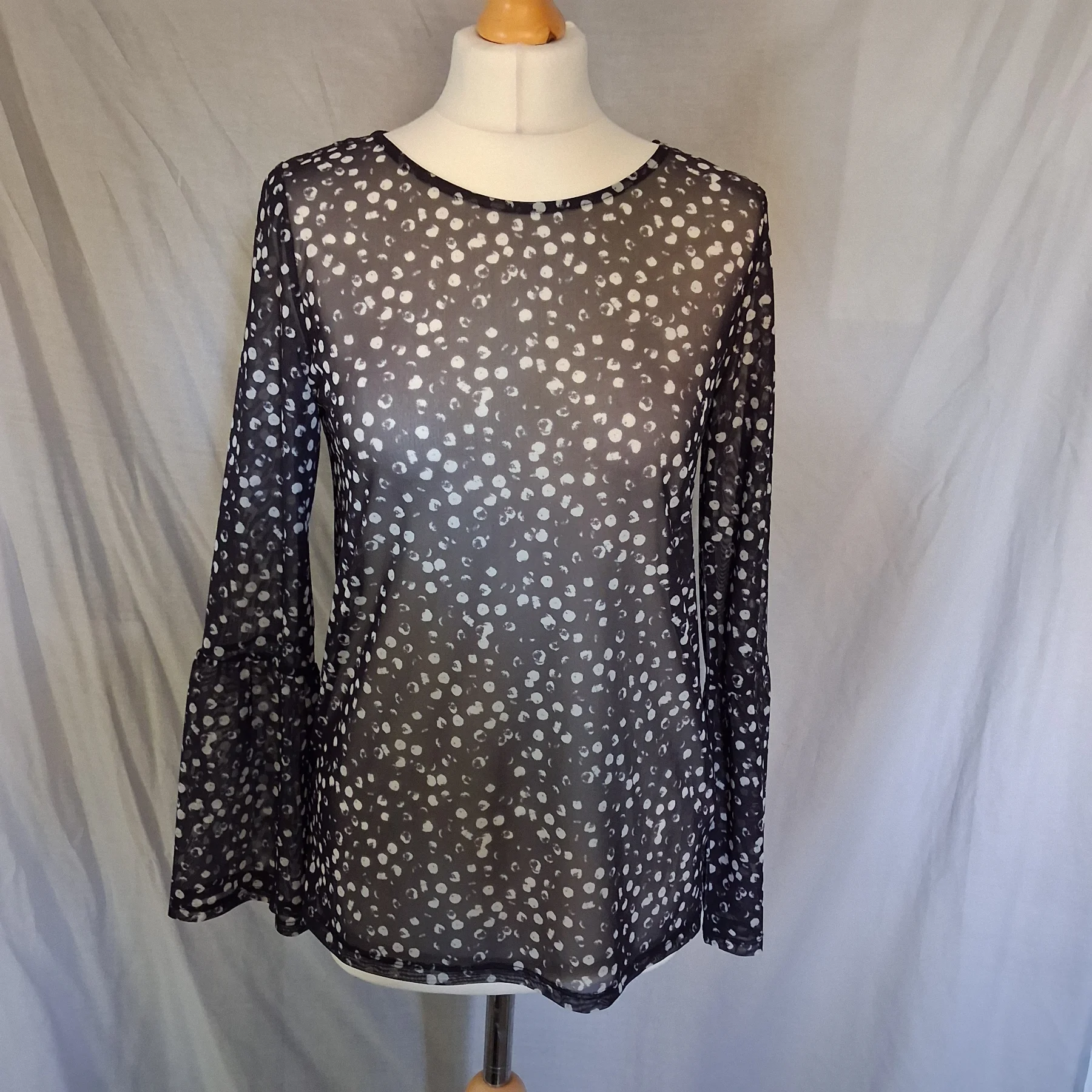 F&F Black Polka Dot Sheer Mesh Bell Sleeve Top Size 8 UK