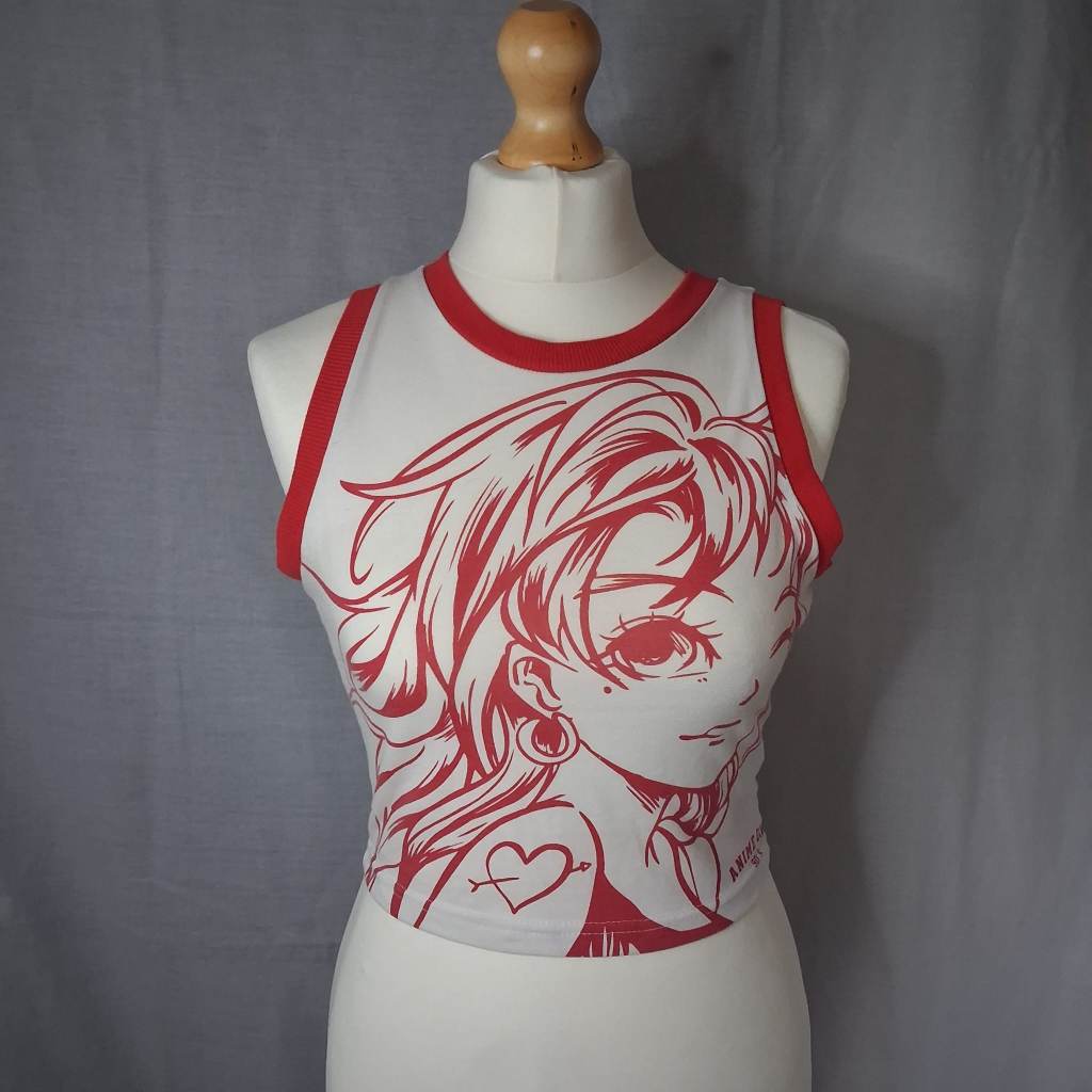 ​SHEIN XS Crop Top - White & Red Anime Girl Ringer Tank