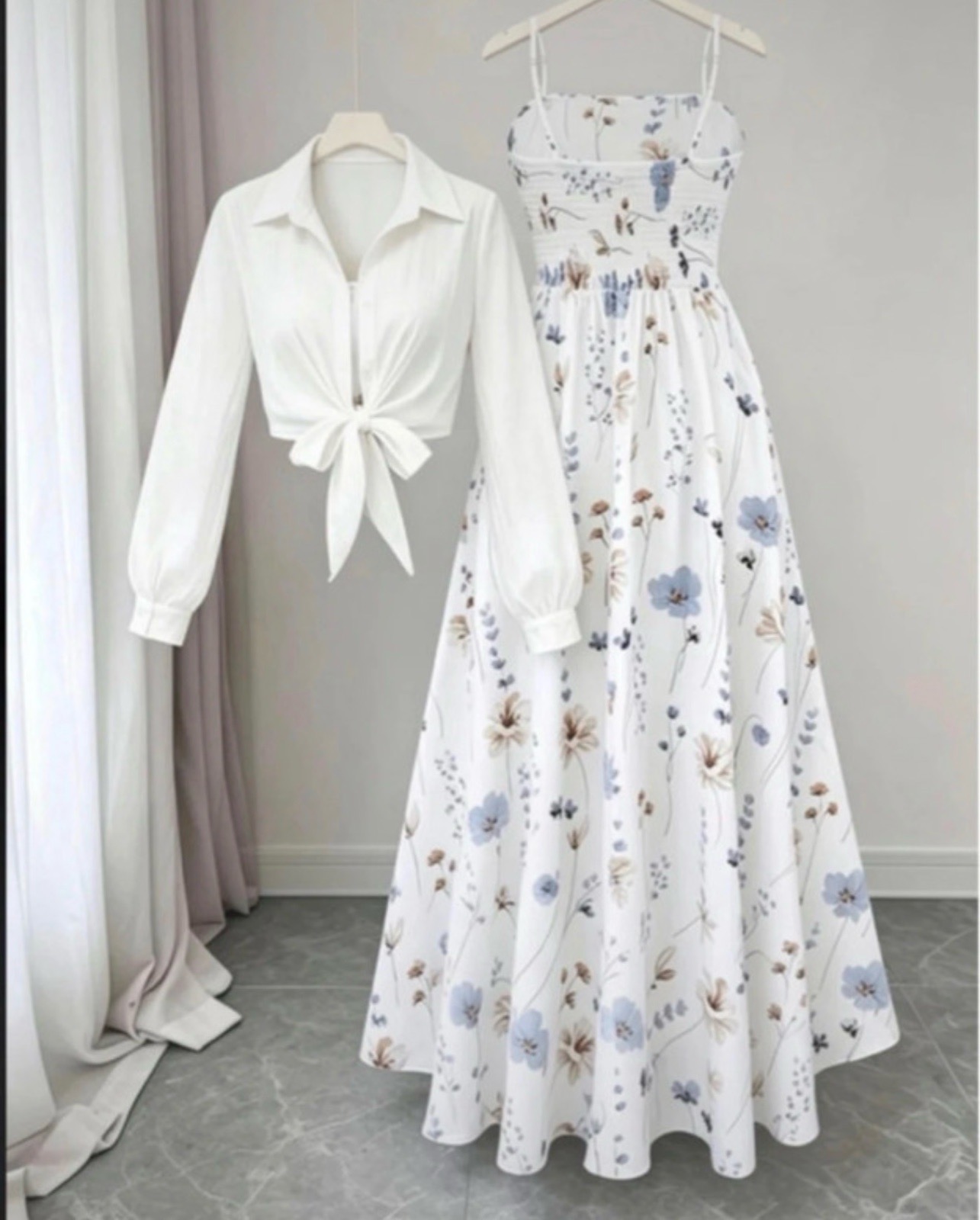 2-Piece Co-ord Set: White Tie-Front Shirt + Blue Floral Maxi Dress — Elegant Summer Outfit